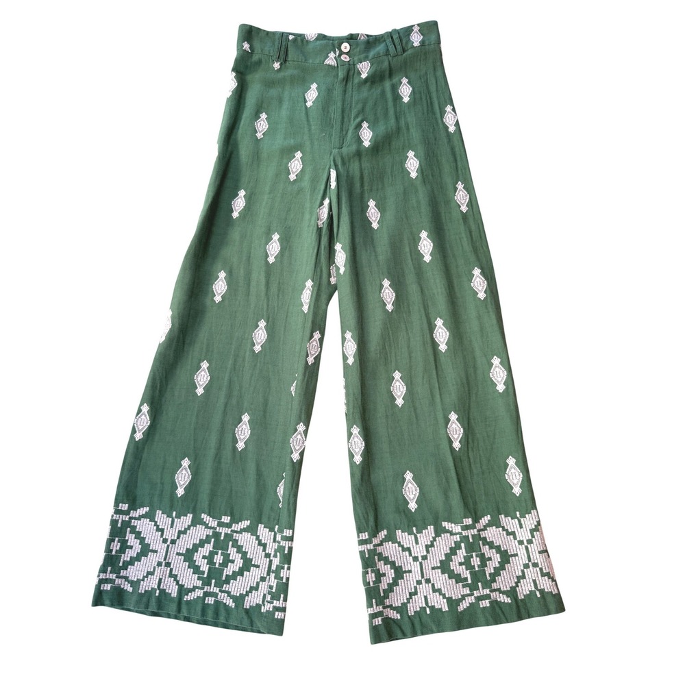 Zara Green Embroidered Wide Leg High Waisted Pants Size M Boho Geometric